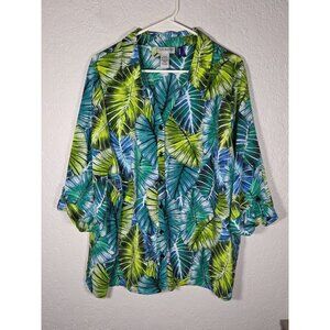 Catherines Blue Green Leaf Print Stretch Button Down size 2xWP
